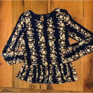 Lucky Brand Pretty Navy Top with Beautiful Ivory and Gold Floral Print, Size XS